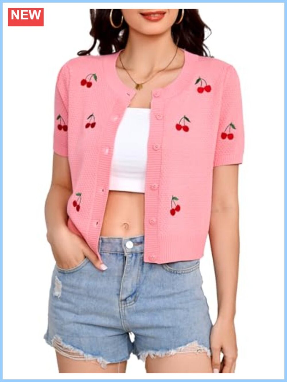 Short Sleeve Cherry Embroidered Cardigan Button Down Knit Sweater Top